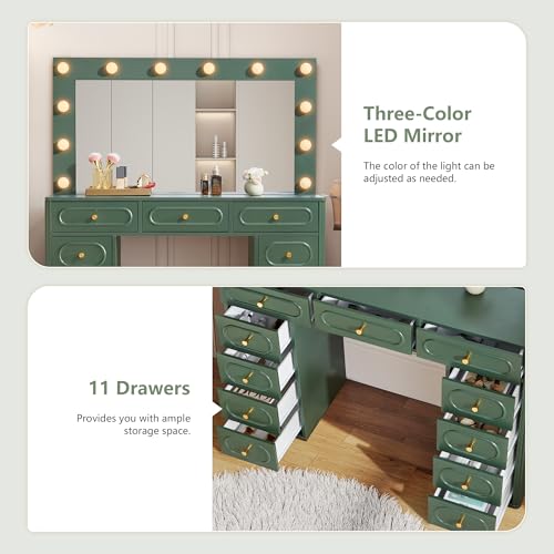 Fluted Vanity Desk with Mirror and Lights, Power Outlets, Modern Wood Vanity Desk Makeup Table with 11 Drawers, 3 Color Modes Dressing Table with Storage for Bedroom, Living Room, Green - style: Green