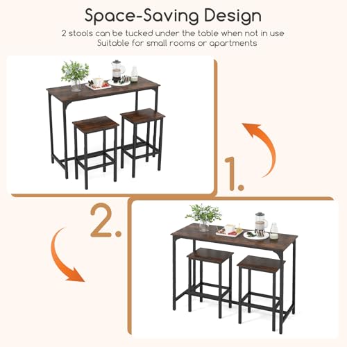 COSTWAY 3-Piece Dining Table Set, 47.5" Industrial Counter-Height Kitchen Table and 2 Bar Stools, High Top Rectangular Pub Table and Chairs for Dining Room Small Place Breakfast Nook Bistro (Coffee) | w/ 2 Bar Stools, High Top Rectangular Pub Table and Ch