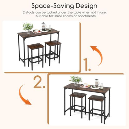 COSTWAY 3-Piece Dining Table Set, 47.5" Industrial Counter-Height Kitchen Table and 2 Bar Stools, High Top Rectangular Pub Table and Chairs for Dining Room Small Place Breakfast Nook Bistro (Coffee) | w/ 2 Bar Stools, High Top Rectangular Pub Table and Ch