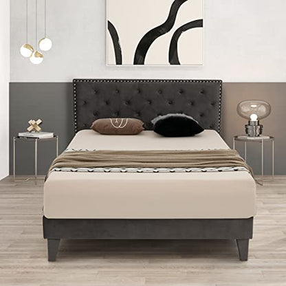 Upholstered Queen Bed Frame, Velvet Mattress Foundation w/Solid Wooden Slats Support, Button Tufted & Nailhead Trim Headboard, No Box Spring Needed, Easy Assembly, Low Platform Bed Frame - size: Queen (U.S. Standard)