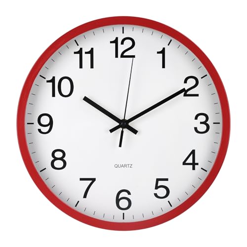 Wall Clock Non-Ticking Silent Quartz Movement Decor Clock Modern Simple Style Round Plastic Wall Clocks for Home/Office/School/Living Room/Bedroom/Kitchen (Red, 12 Inch) - color: Red