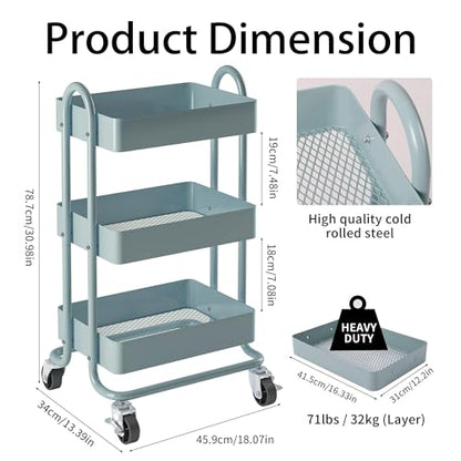 Metal Rolling Cart,3-Tier Metal Rolling Cart with Wheels,3 Tier Utility Cart with Wheels for Office,Home,Kitchen,Garden（13.4"x18.1"x31"） Blue - color: Blue, size: 31"H