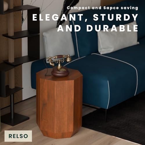 Relso Octavian Geometric End Table - Solid Mango Wood, Walnut Finish, Boho Design, Modern Farmhouse Style, Compact Coffee Table, Nightstand for Bedroom, Living Room, Reading Area (Octavian Brown) - color: Brown