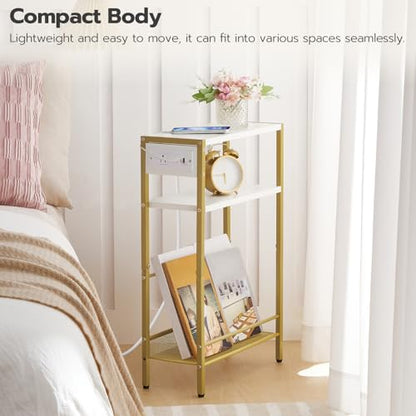 HOOBRO Small Narrow Side Table with Charging Station, Skinny End Table for Small Spaces, Slim Nightstand with USB Ports Outlet, Sofa Beside Table with Storage Shelf, White and Gold DW102UBZ01 - color: Gold + White