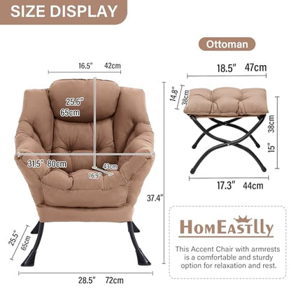 Lazy Chair with Ottoman, Soft Comfy Chair for Bedroom, Khaki | Reading Accent Lounge Chair with folding Foot Stool for Living Room Dorm Apartment, sturdy metal frame - color: Khaki