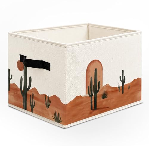 Boho Southwest Cactus Cube Storage Bins, Vinatge Western Collapsible Storage Boxes with Handles, Southwestern Boho Sun Organizer Bins for Laundry Bedroom Living Room, 14.2x10.6x10.6in
