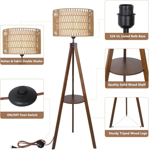 Tripod Floor Lamp with Shelves, Mid Century Wood Standing Lamp with Rattan & Fabric Shades, ON/Off Foot Switch, Modern Farmhouse Tall Floor Lamps for Living Room Bedroom Office