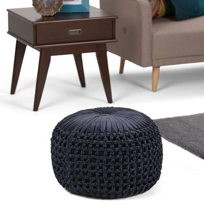 SIMPLIHOME Safford 20" Wide Square Pouf in Black/White PET Polyester | Boho footstool, extra seating for home living room or bedroom with button-tufted pleated design, assembled; pouf ottoman. - color: Navy, style: Pouf
