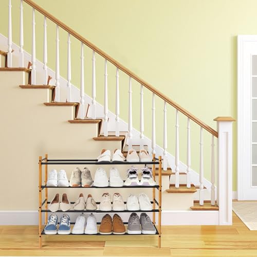 Storage MANIAC Expandable Shoe Rack, 16 Pairs Stackable Small Shoe Rack, Metal Adjustable Shoes Organizer for Closet, Entryway, Hallway, Garage, Front Door, Shoes Shelves, Bamboo 4 Tier - size: 4 Tier