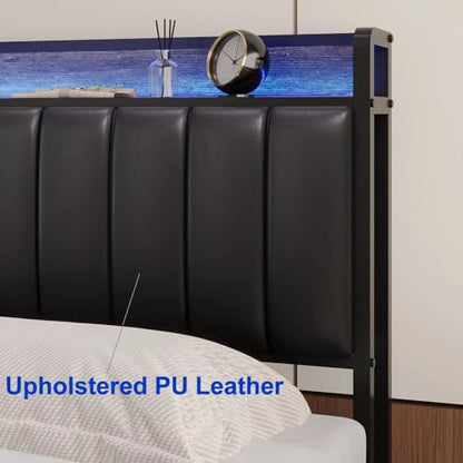 Full Size Upholstered Headboard with LED Lights & Charging Station, PU Upholstery, Full Headboard Only, Height Adjustable, Attach Frame, Sturdy and Stable, Easy Assembly - color: Black, size: Full