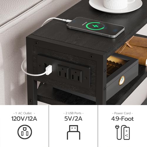 Leomonio Black Side Table with Charging Station, Slim End Tables with Fabric Basket, Skinny Table for Small Spaces, Thin Bedside Table for Living Room, Bedroom - color: Black - Outlet