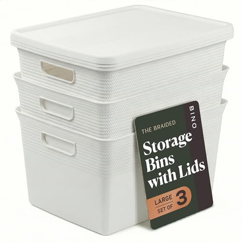 BINO | Plastic Storage Bins with Lids, 22 Liter - 3 Pack, White | THE BRAIDED COLLECTION | Plastic Bins for Organization Woven Storage Baskets for Organizing Pantry Shelf Organizer Basket Bin - color: White, size: 22L | 3-Pack