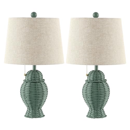 JONATHAN Y 20.5" Wicker Table Lamp, Green with Beige Shade, Set of 2 | Margie Bohemian Rustic Farmhouse Coastal Urn Rattan Metal, Pull Chain Switch, Linen, LED Bulbs Included - color: Green