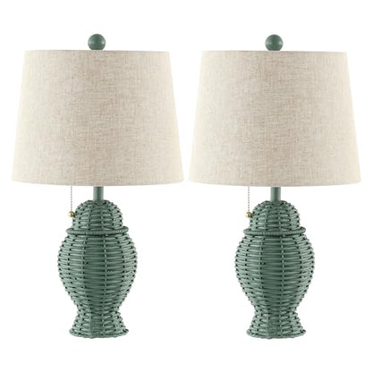 JONATHAN Y 20.5" Wicker Table Lamp, Green with Beige Shade, Set of 2 | Margie Bohemian Rustic Farmhouse Coastal Urn Rattan Metal, Pull Chain Switch, Linen, LED Bulbs Included - color: Green
