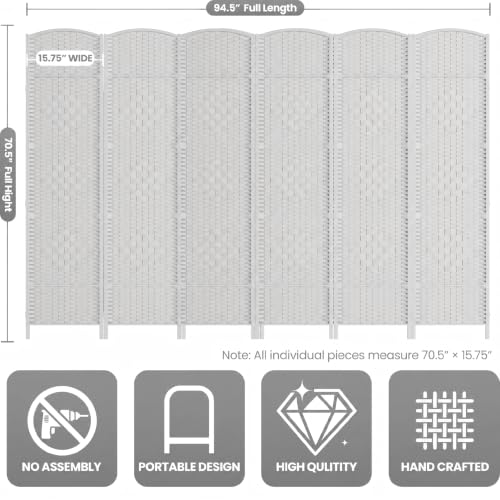 6 Panel Folding Room Divider,Woven Privacy Screen,White | Solid wood frame, handcrafted diamond pattern, 6FT tall, extends to 94.5 inches wide, no assembly required - color: White, size: 6-Panel