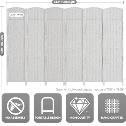 6 Panel Folding Room Divider,Woven Privacy Screen,White | Solid wood frame, handcrafted diamond pattern, 6FT tall, extends to 94.5 inches wide, no assembly required - color: White, size: 6-Panel