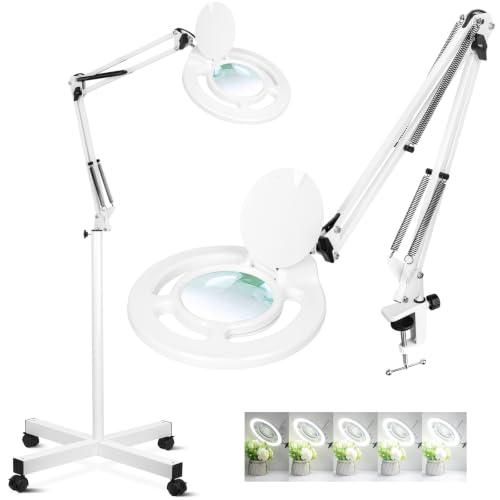 롤링 휠 베이스가 있는 2200 루멘 에스테티션 돋보기 | 12X 진짜 유리, 144 밝은 LED, 무단 조도 조절 가능, 얼굴 속눈썹 스파 독서 공예 바느질용 돋보기 포함 스탠딩 매그 램프 - color: 화이트.