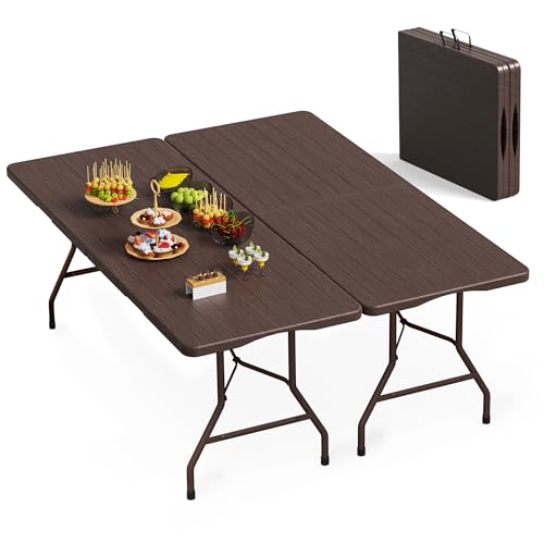 VSOAEIL 6 Foot Folding Table 2 Pack, 6 FT Foldable Plastic Table Heavy Duty | 6 Feet Portable Fold-in-Half Utility Folding Table with Handle for Picnic, Party, Dining, Camping, Indoor & Outdoor, Brown - color: Brown, size: 6 FT - 2 PACK