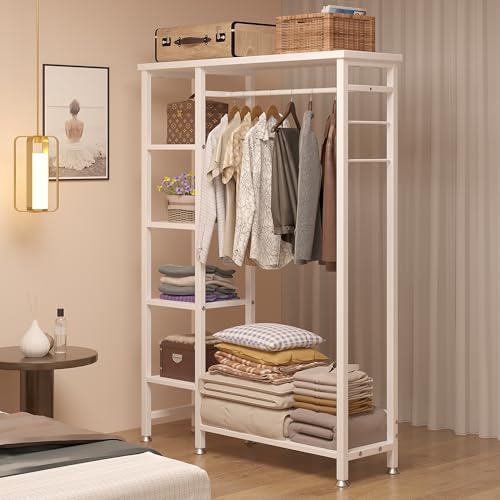 VECELO Open Garment Clothing Rack, Free-Standing Heavy Duty Storage Closet with 5 Shelves and Hanging Rod for Small Spaces, Max Load 350LBS, White - color: White