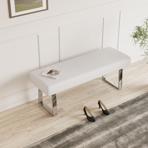 JIEXI 55" Rectangle Upholstered Entryway Bed End Bench with Chrome Legs | PU Leather Seat Footstool, Sturdy Silver Metal Base, Versatile for Bed End, Plant Stand, Foyer - color: White, size: 55 IN