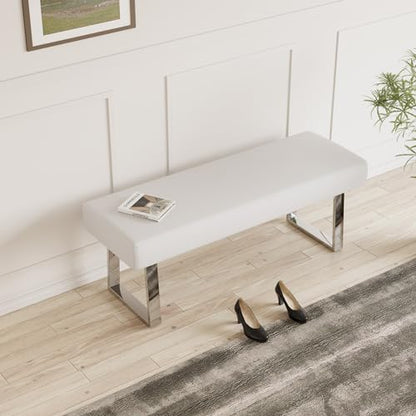 JIEXI 45.3" Upholstered PU Leather Bedroom Bench Footstool with Metal Legs | Sturdy Silver Plated Chrome Legs, Padded Seat, Space Saver, for Bedroom Entryway Living Room Window - color: White, size: 45 IN