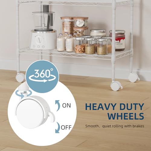 Whitmor 3 Tier Rolling Kitchen Cart,27.6"x10"x21.7”Heavy Duty Metal Storage Cart with Wheels, Adjustable Shelves, Lockable Utility Cart with Wood Top & Portable Handle for Indoor & Outdoor Use, White - size: 27.6 x 10 x 21.7 inches