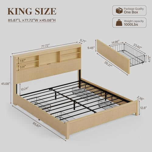 King Size Bed Frame with 4 Storage Drawers, Natural | Metal Platform Bed Frame with Tall Headboard, King Bed Frame with LED Lights&Charging Ports, No Box Spring Needed, Noise-Free - color: Natural, size: King