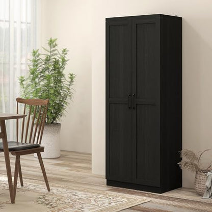 HOMCOM 63" 2-Door Kitchen Pantry 5-Tier Black Wood Grain | Freestanding Storage Cabinet, Shelving, 2 Adjustable Shelves, for Dining Room - color: Black