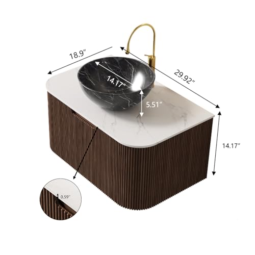 30” Floating Bathroom Vanity with Sink, Fluted Wall-Mounted Solid Wood Cabinet, Black Marble-Patterned Bowl Basin, Faux Marble Top, Soft-Close Drawer, Pre-Assembled, Walnut Woodgrain - color: 05 - Walnut Woodgrain, size: 30"