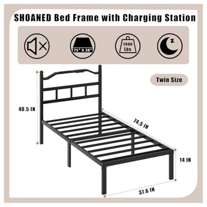 SHOANED Twin Size Bed Frame - 14 Inch Metal Heavy Duty Bedframe with Charging Station Black Basic Steel Slats Platform with Headboard No Box Spring Needed/Easy Assembly - size: Twin, style: 14 Inch with Charging Station