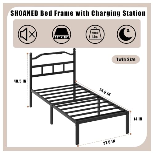 SHOANED Twin Size Bed Frame - 14 Inch Metal Heavy Duty Bedframe with Charging Station Black Basic Steel Slats Platform with Headboard No Box Spring Needed/Easy Assembly - size: Twin, style: 14 Inch with Charging Station