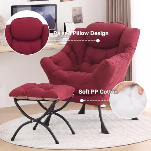 Lazy Chair with Ottoman, Comfy Reading Accent Chair, Burgundy | Foldable Footrest, Padded Seat and Backrest, Side Pocket for Lounging in Living Rooms, Bedrooms, Dorms and Small Spaces - color: Burgundy
