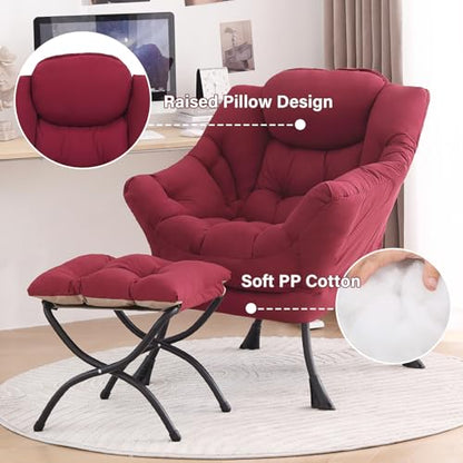 Lazy Chair with Ottoman, Comfy Reading Accent Chair, Burgundy | Foldable Footrest, Padded Seat and Backrest, Side Pocket for Lounging in Living Rooms, Bedrooms, Dorms and Small Spaces - color: Burgundy