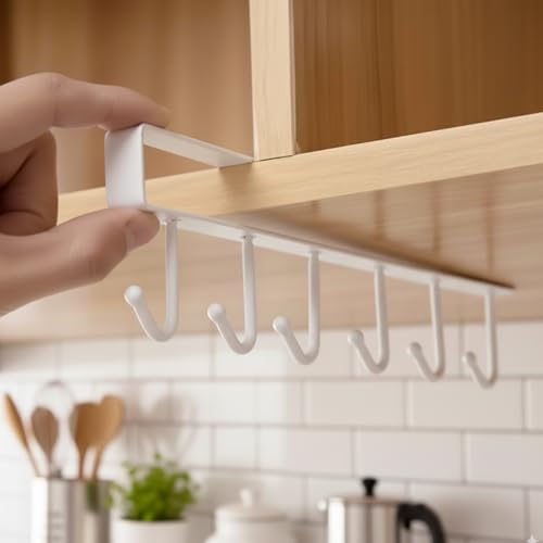 Coffee Mug Holder Under Cabinet, Clip-On No-Drill Coffee Cup Hooks, Self Adhesive Mug Holder Rack for Kitchen, Closet, Bathroom, White, 6 Hooks - color: White, size: 6 Hooks