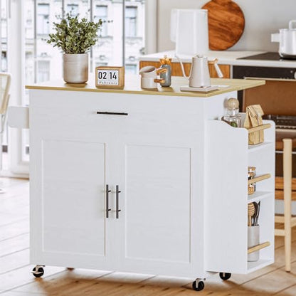 IRONCK Kitchen Island with Storage, Charging Station and Drop Leaf, White | Wheels, Drawers, Open Shelves, Drawer Storage, Everyday Home Use - color: White