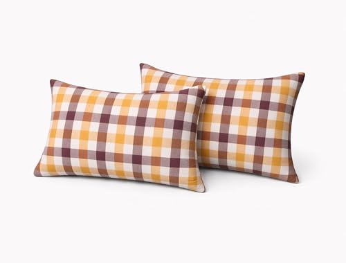 Native Fab Premium Throw Pillow Covers 2 Pack, 12x20 Inches, 100% Cotton, Gingham Check Lumbar Cushion Cases, Thanksgiving Home Decor for Sofa, Couch, Living Room, Burgundy & Mustard - color: Gingham Harvest Burgundy & Mustard Yellow, size: 20" x 12" (Pac