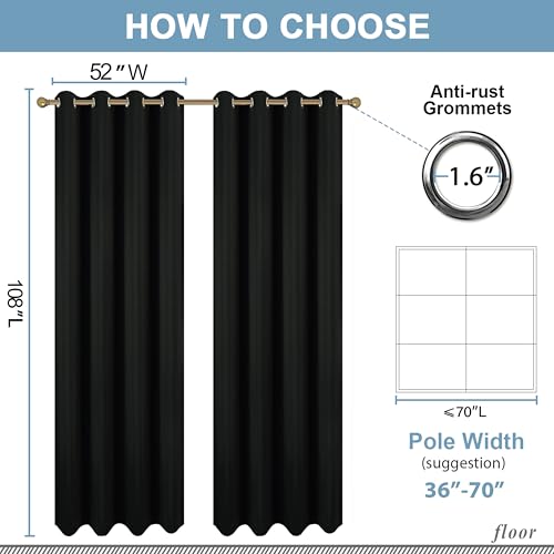 Diraysid Black Grommet Blackout Curtains for Bedroom Thermal Insulated Room Darkening Curtains Drapes, 52 x 108 inch, 2 Panels - color: Black, size: 52"W x 108"L (Pack of 2)