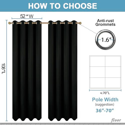 Diraysid Black Grommet Blackout Curtains for Bedroom Thermal Insulated Room Darkening Curtains Drapes, 52 x 108 inch, 2 Panels - color: Black, size: 52"W x 108"L (Pack of 2)