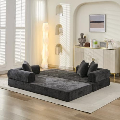Convertible Folding Sofa Bed Modular Floor Couch, 78.8‘’ Cloud Sleeper Sofa with Removable Backrest, Chenille Foldable Mattress Couch, Lazy Loveseat for Small Space, Apartment, Bedroom, Black - color: #3-black
