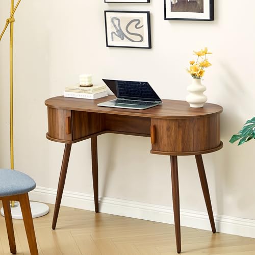 43" Wood Writing Desk, Laptop Desk with Storage, Vanity Table Study Desk | Mid-Century Writing Desk, Walnut Laptop Desk with Storage, Fluted Vanity Table Desk for Office, Bedroom, Study Room