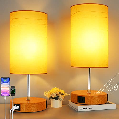 HiBay 2-Set Touch Dimmable Table Lamps with Charging Station, Wood-Grain | Touch control, 3-way dimming, USB-A USB-C & AC outlet, farmhouse wood-grain adds cozy warmth, set of 2 for two nightstands. - color: Wood Grain, size: Set of 2