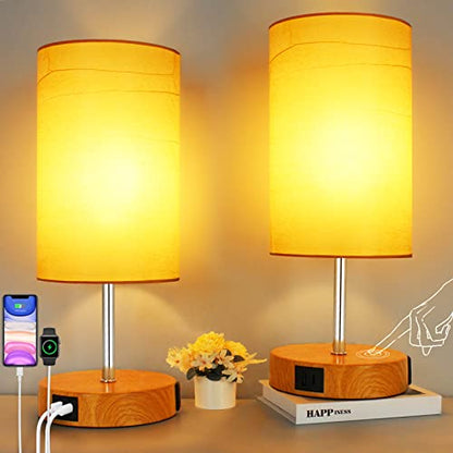 HiBay 2-Set Touch Dimmable Table Lamps with Charging Station, Wood-Grain | Touch control, 3-way dimming, USB-A USB-C & AC outlet, farmhouse wood-grain adds cozy warmth, set of 2 for two nightstands. - color: Wood Grain, size: Set of 2