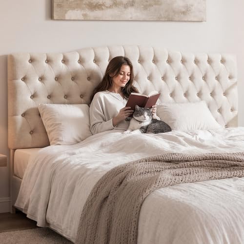 Iroomy Upholstered High Queen Headboard, Button Diamond Tufted Headboard with Adjustable Height and Solid Wood Leg, Linen Fabric Padded Headboards for Queen Size Bed, Mordern Head Board - color: Beige, size: High Queen