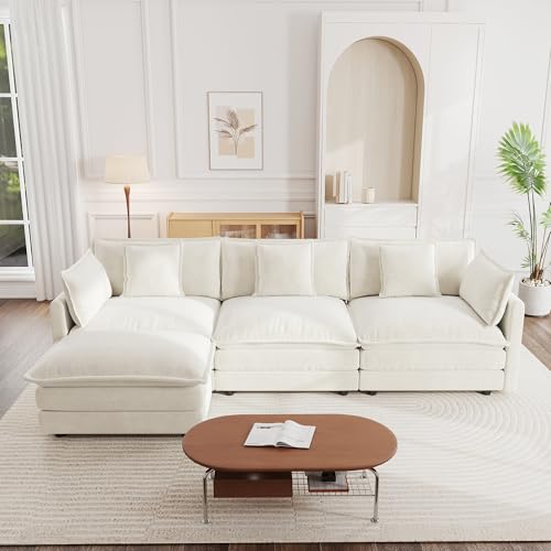 Modular Sectional Sofa, 111.5 Inch L Shaped Couch Set for Living Room, 3-Seater Comfy Cloud Couches with Movable Ottoman, DIY Combination, Chenille, Beige - color: Beige, size: 111.5 Inch- L