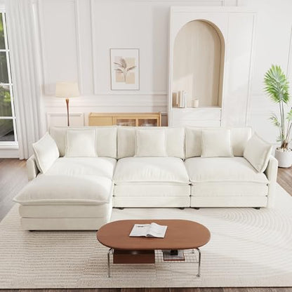 Modular Sectional Sofa, 111.5 Inch L Shaped Couch Set for Living Room, 3-Seater Comfy Cloud Couches with Movable Ottoman, DIY Combination, Chenille, Beige - color: Beige, size: 111.5 Inch- L