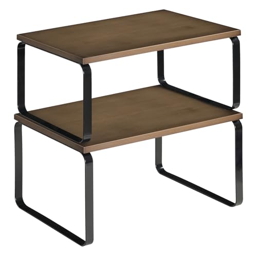 HOOBRO Cabinet Organizer Shelf, Set of 2 Kitchen Counter Shelves, Expandable Kitchen Storage, Stackable Bamboo Spice Rack, for Kitchen, Countertop, Office Desk, Bathroom, Mocha and Black CB30TL01 - color: Mocha, Black