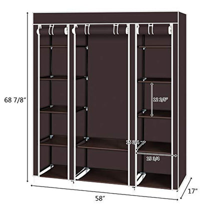 Portable Wardrobe Closet with Cover 69" Clothing Storage Closet Shelves for Hanging Clothes Non-Woven Fabric Clothes Organizer