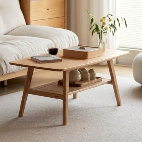 100% Solid Wood Coffee Table for Living Room, 39.37" Mid Century Modern Small Tables with Shelf Storage, 2-Tier Coffee Table with Rounded Corners (Oak Wood Log Color, 39.37" L) - color: Natural, size: 39.37"L x 19.68"W x 17.32"H