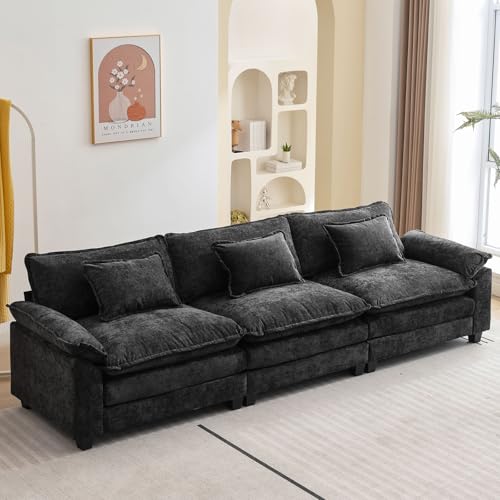 120" Modular Sectional Sofa, Comfy 3 Seater Deep Cloud Couch | Couches for Living Room, Modular Couch, Deep and Wide Seat, Chenille Sofa Sleeper with Throw Pillows, Black - color: Black, size: 120 Inch