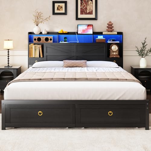 TIGUBFRE King Bed Frame with Storage Headboard, Farmhouse Wood Bed Frame King Size with 4 Drawers, LED Light & Charging Station, Metal Slats Support, Noise Free, No Box Spring Needed, Rustic Black - color: Rustic Black, size: King